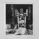 'Entropy IID' an etching in black ink of an abandoned petrol pump rendered in photo-etching, aquatint and dry point