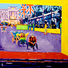 a painting of paralympic athletes finishing a marathon in London
