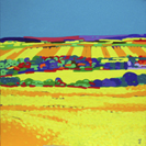 'South Darenth' a landscape with yellow fields in the forground and a simple but rich blue sky