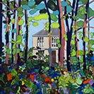 This painting show the view of a house looking through trees on Loughshore, Belfast